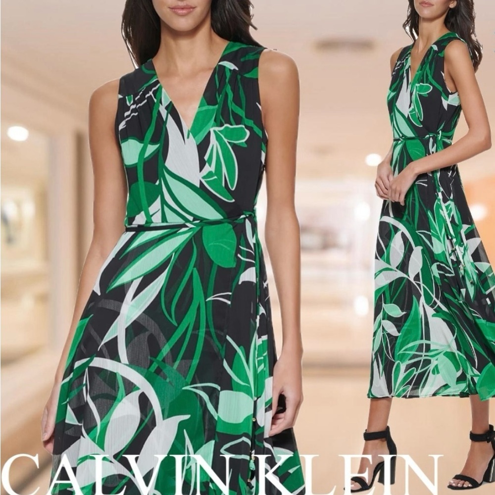 Calvin Klein Green and Black Leaf Print Midi Dress